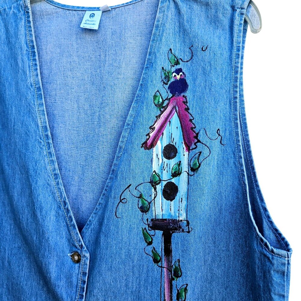 Vintage 80s Hand Painted Denim Vest XXL Plus Size Cottage Prairie Birds - Picture 4 of 11